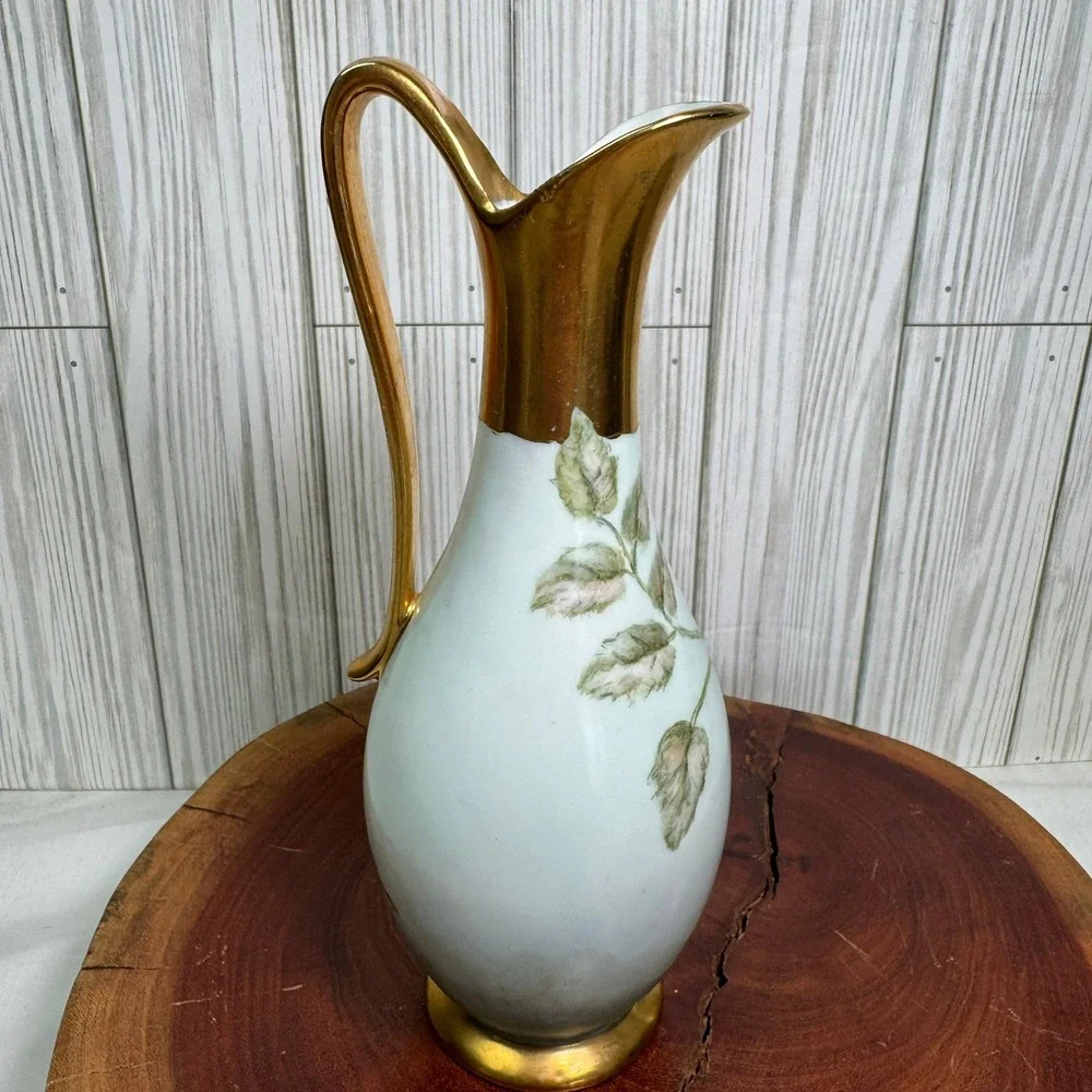 Vtg 1975 A.C. Perry Hand Painted Porcelain Rose Ewer Pitcher Bud Vase Gold Trim